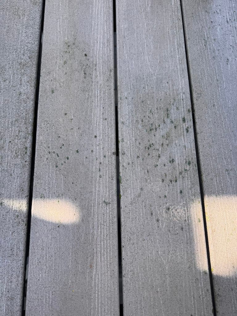 Technician spraying a roofline while soft washing a home's exterior